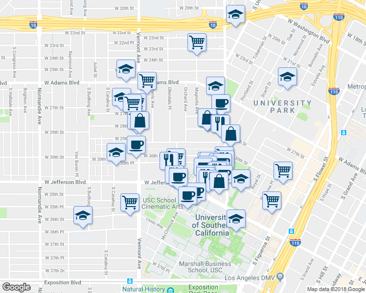 map of restaurants, bars, coffee shops, grocery stores, and more near 1115 West 30th Street in Los Angeles