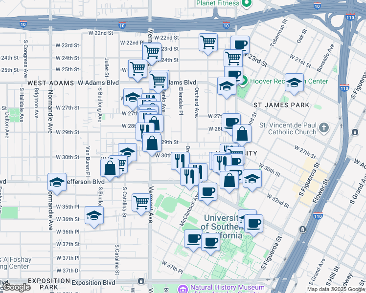 map of restaurants, bars, coffee shops, grocery stores, and more near 1173 West 30th Street in Los Angeles