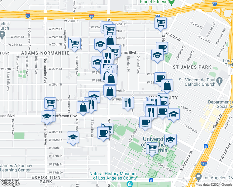 map of restaurants, bars, coffee shops, grocery stores, and more near 1225 West 30th Street in Los Angeles
