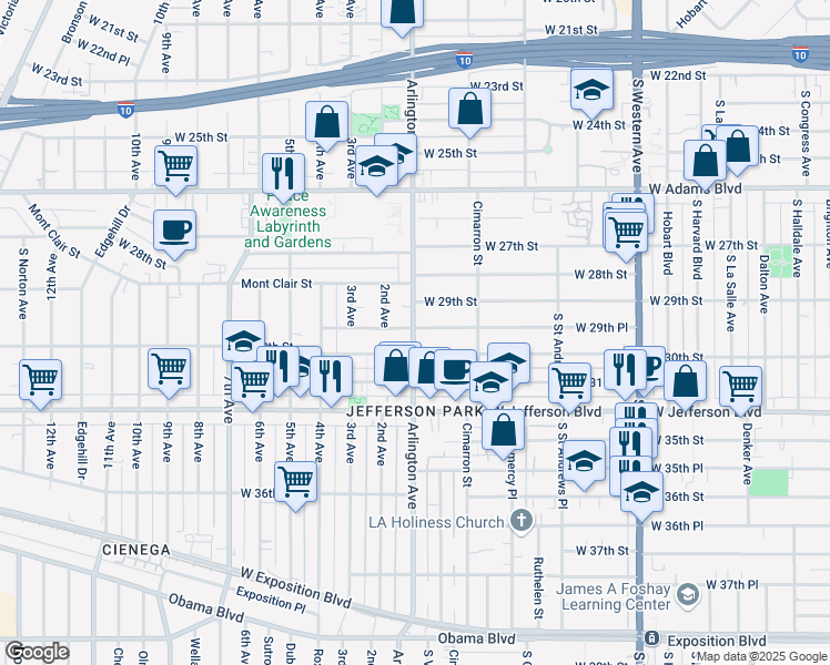 map of restaurants, bars, coffee shops, grocery stores, and more near 2257 West 30th Street in Los Angeles