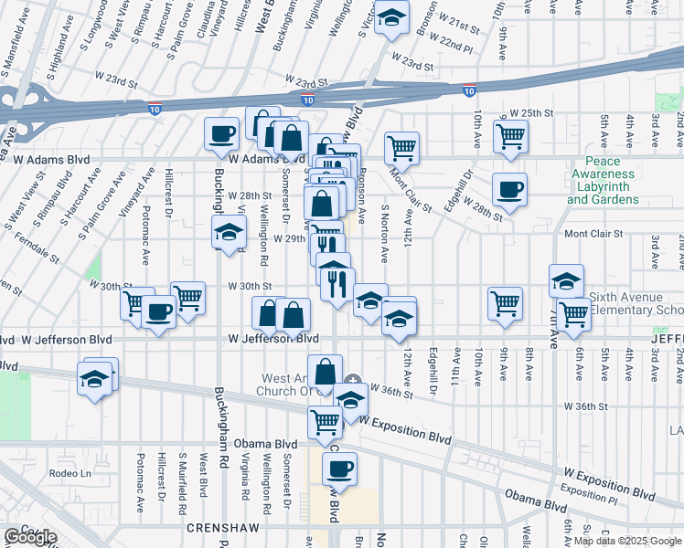 map of restaurants, bars, coffee shops, grocery stores, and more near 3004 Crenshaw Boulevard in Los Angeles