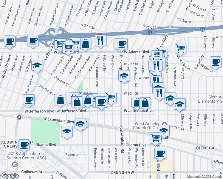 map of restaurants, bars, coffee shops, grocery stores, and more near 4418 West 30th Street in Los Angeles
