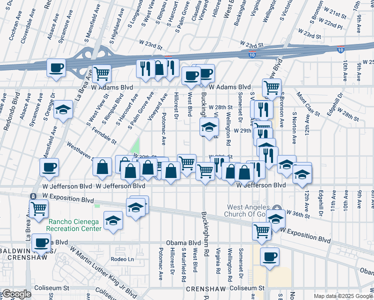 map of restaurants, bars, coffee shops, grocery stores, and more near 4418 West 30th Street in Los Angeles