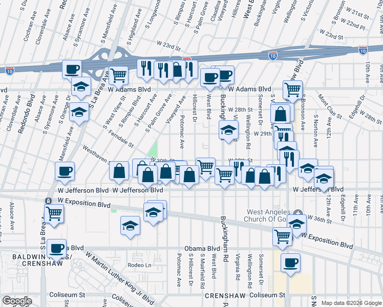 map of restaurants, bars, coffee shops, grocery stores, and more near 4418 West 30th Street in Los Angeles