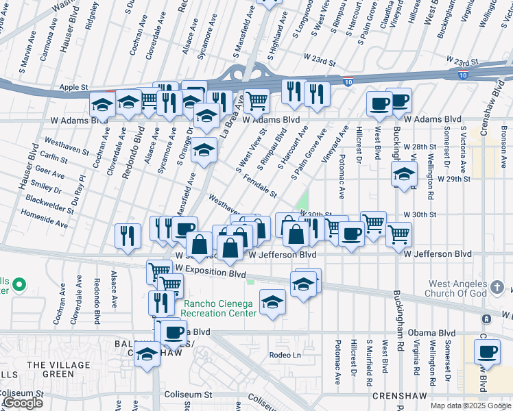 map of restaurants, bars, coffee shops, grocery stores, and more near 2857 South Harcourt Avenue in Los Angeles