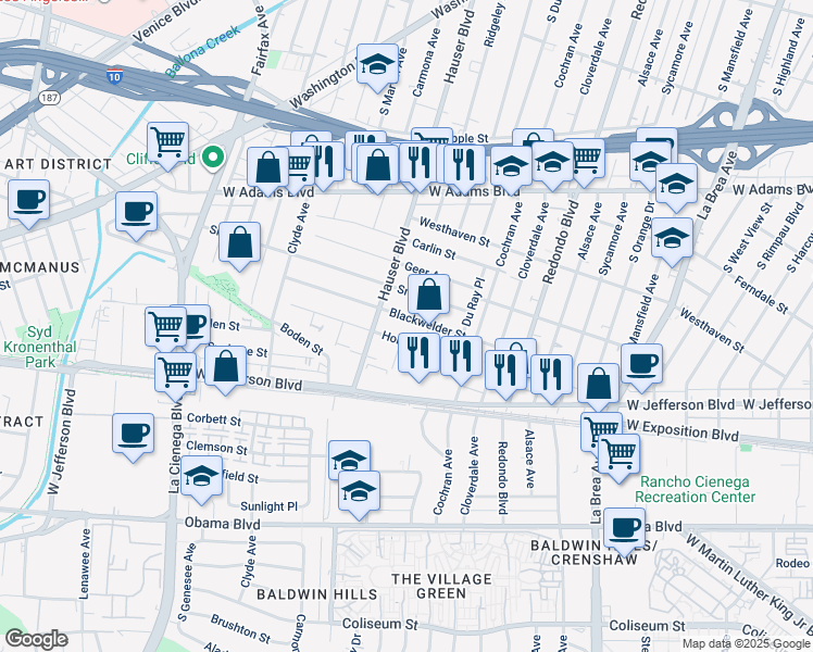 map of restaurants, bars, coffee shops, grocery stores, and more near 2903 South Ridgeley Drive in Los Angeles