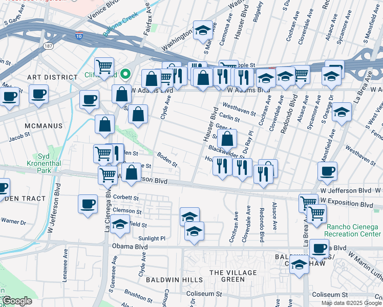 map of restaurants, bars, coffee shops, grocery stores, and more near 2917 Hauser Boulevard in Los Angeles