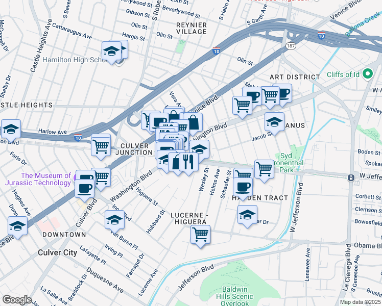 map of restaurants, bars, coffee shops, grocery stores, and more near 8804 National Boulevard in Culver City