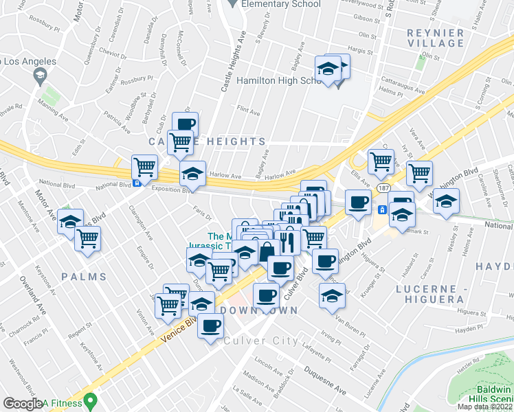 map of restaurants, bars, coffee shops, grocery stores, and more near 3701 Bagley Avenue in Los Angeles