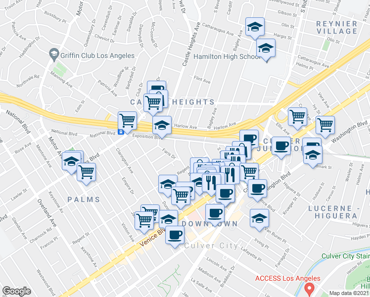 map of restaurants, bars, coffee shops, grocery stores, and more near 3651 Cardiff Avenue in Los Angeles