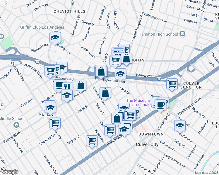 map of restaurants, bars, coffee shops, grocery stores, and more near 9909 Tabor Street in Los Angeles
