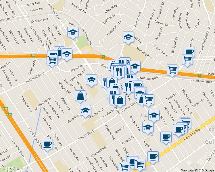 map of restaurants, bars, coffee shops, grocery stores, and more near 3317 Keystone Avenue in Los Angeles