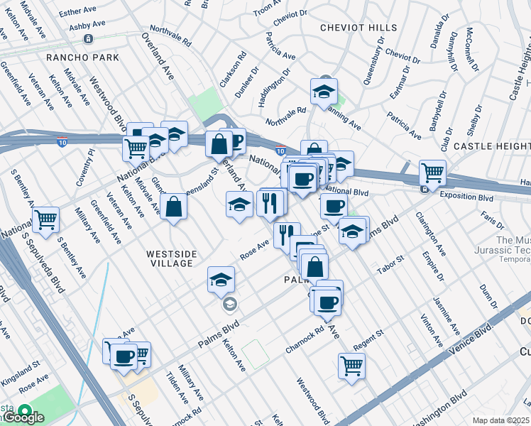 map of restaurants, bars, coffee shops, grocery stores, and more near 3277 Overland Avenue in Los Angeles