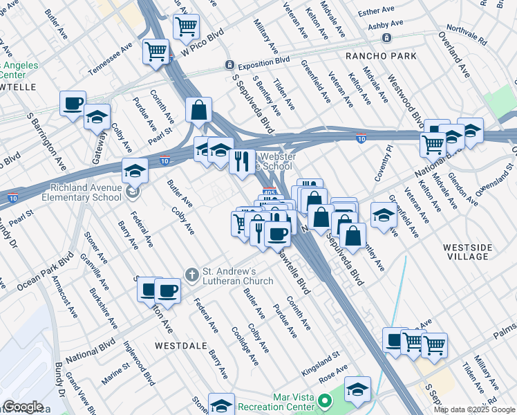 map of restaurants, bars, coffee shops, grocery stores, and more near 2820 Sawtelle Boulevard in Los Angeles