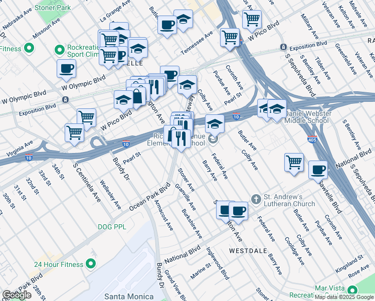 map of restaurants, bars, coffee shops, grocery stores, and more near 11730 Gateway Boulevard in Los Angeles