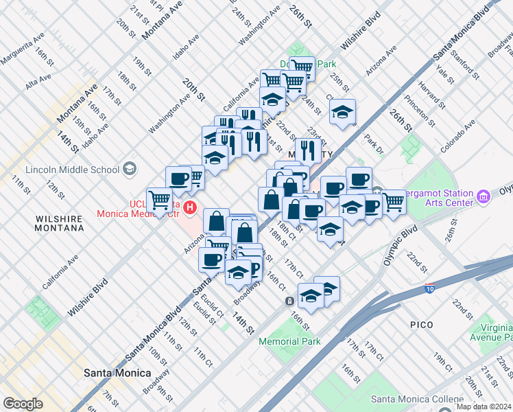 map of restaurants, bars, coffee shops, grocery stores, and more near 1347 18th Street in Santa Monica
