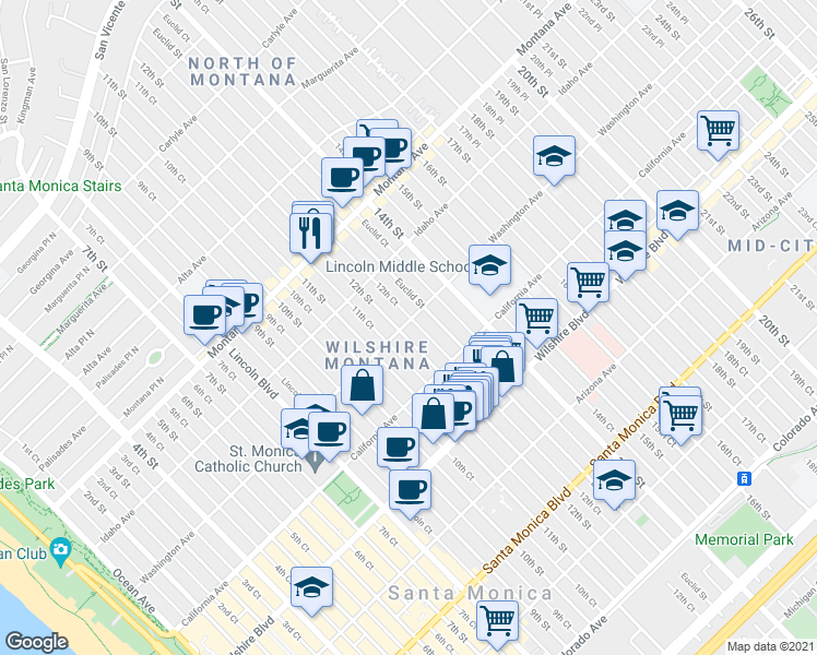 map of restaurants, bars, coffee shops, grocery stores, and more near 1122 Washington Avenue in Santa Monica
