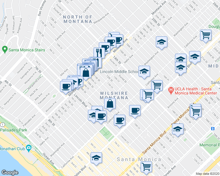 map of restaurants, bars, coffee shops, grocery stores, and more near in Santa Monica