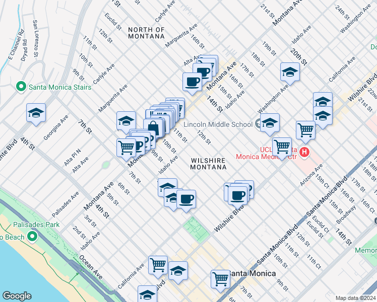 map of restaurants, bars, coffee shops, grocery stores, and more near in Santa Monica