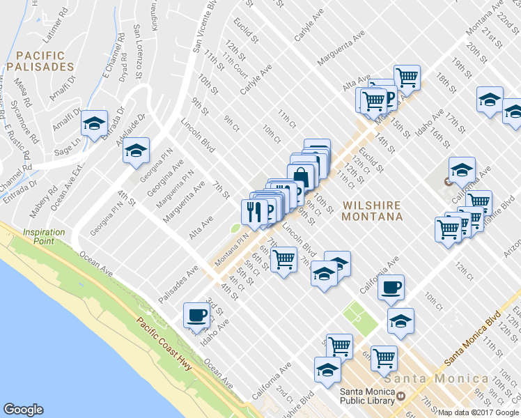 map of restaurants, bars, coffee shops, grocery stores, and more near in Santa Monica