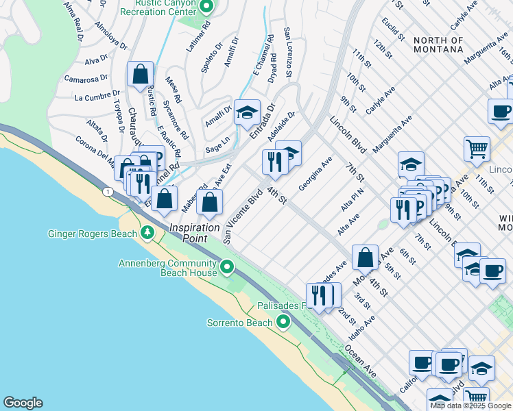 map of restaurants, bars, coffee shops, grocery stores, and more near 202 San Vicente Boulevard in Santa Monica