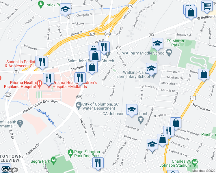 map of restaurants, bars, coffee shops, grocery stores, and more near 3032A Howell Street in Columbia