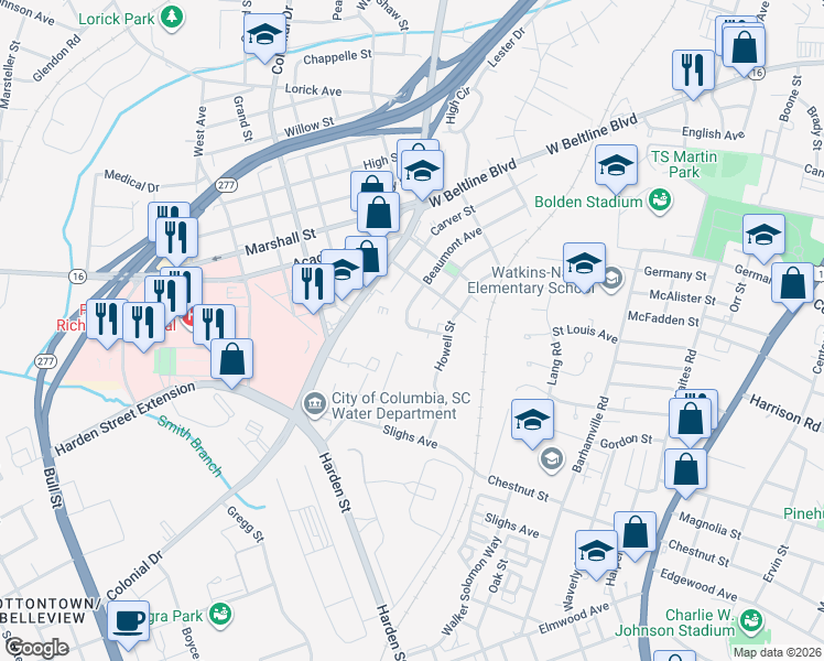 map of restaurants, bars, coffee shops, grocery stores, and more near 2910 Colonial Drive in Columbia