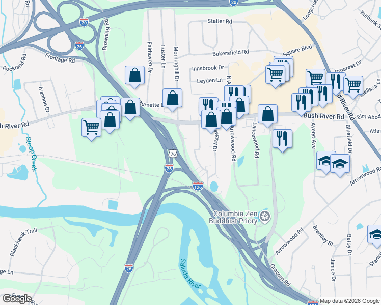map of restaurants, bars, coffee shops, grocery stores, and more near 216 Latonea Drive in Columbia