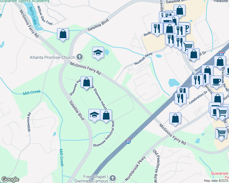 map of restaurants, bars, coffee shops, grocery stores, and more near 3108 Burnette Road in Suwanee
