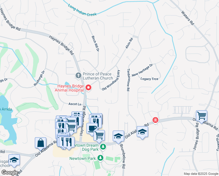 map of restaurants, bars, coffee shops, grocery stores, and more near 10195 Old Woodland Entry in Alpharetta