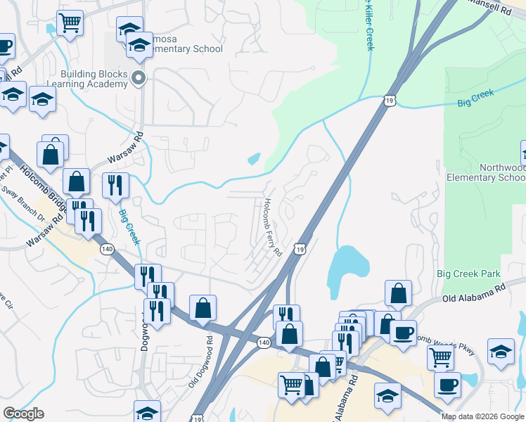 map of restaurants, bars, coffee shops, grocery stores, and more near 205 High Creek Drive in Roswell