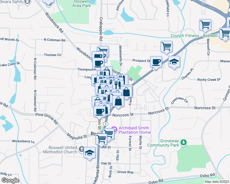 map of restaurants, bars, coffee shops, grocery stores, and more near 1065 Green Street in Roswell