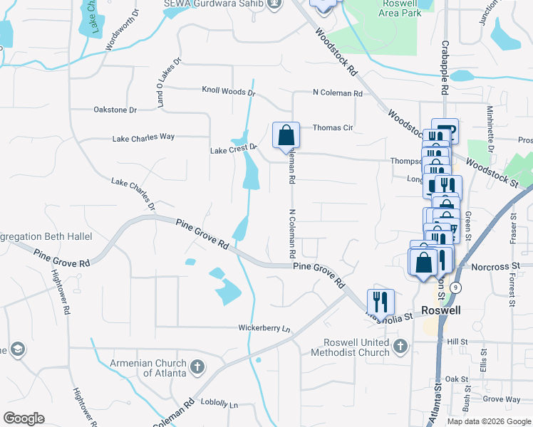 map of restaurants, bars, coffee shops, grocery stores, and more near 1090 Crest Brook Lane in Roswell