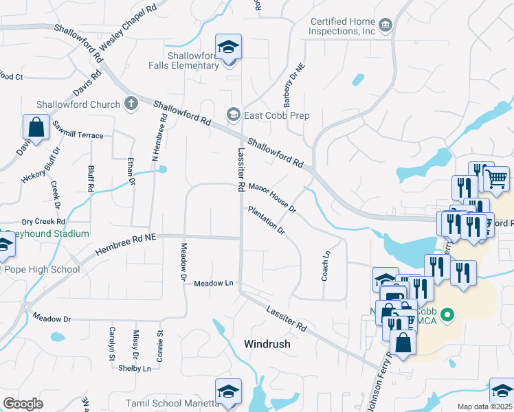 map of restaurants, bars, coffee shops, grocery stores, and more near 3917 Plantation Drive in Marietta