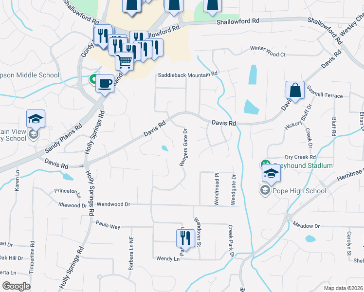 map of restaurants, bars, coffee shops, grocery stores, and more near 3079 Aberdeen Court in Marietta