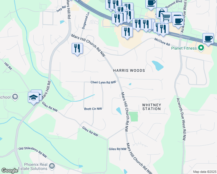 map of restaurants, bars, coffee shops, grocery stores, and more near 3009 Bruce Court in Acworth