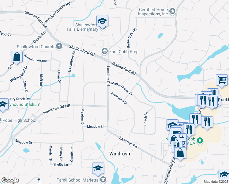 map of restaurants, bars, coffee shops, grocery stores, and more near 3917 Plantation Drive in Marietta