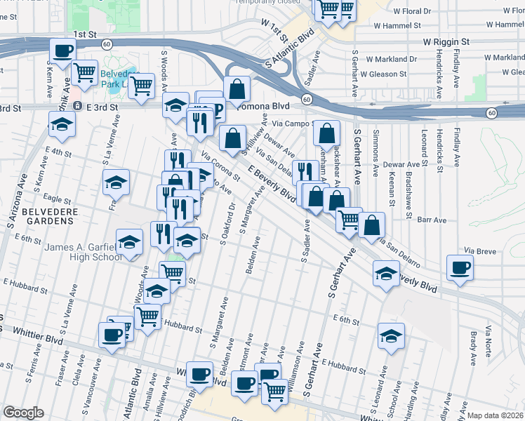 map of restaurants, bars, coffee shops, grocery stores, and more near 456 Margaret Avenue in East Los Angeles