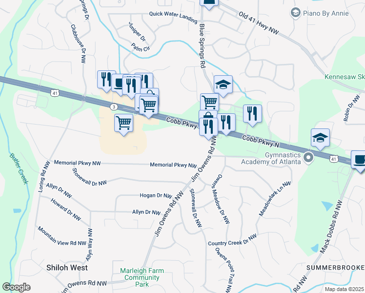 map of restaurants, bars, coffee shops, grocery stores, and more near 3091 Cobb Parkway Northwest in Kennesaw