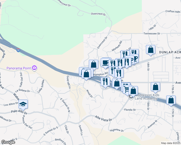 map of restaurants, bars, coffee shops, grocery stores, and more near 12419 Ridgewood Drive in Yucaipa