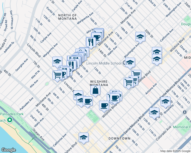 map of restaurants, bars, coffee shops, grocery stores, and more near in Santa Monica