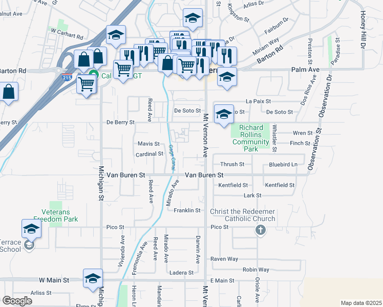 map of restaurants, bars, coffee shops, grocery stores, and more near 12420 Mount Vernon Avenue in Grand Terrace