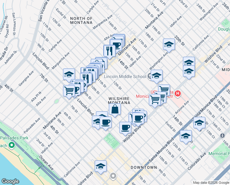 map of restaurants, bars, coffee shops, grocery stores, and more near 933 11th Street in Santa Monica