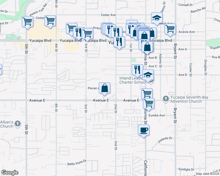 map of restaurants, bars, coffee shops, grocery stores, and more near 12431 Birch Street in Yucaipa