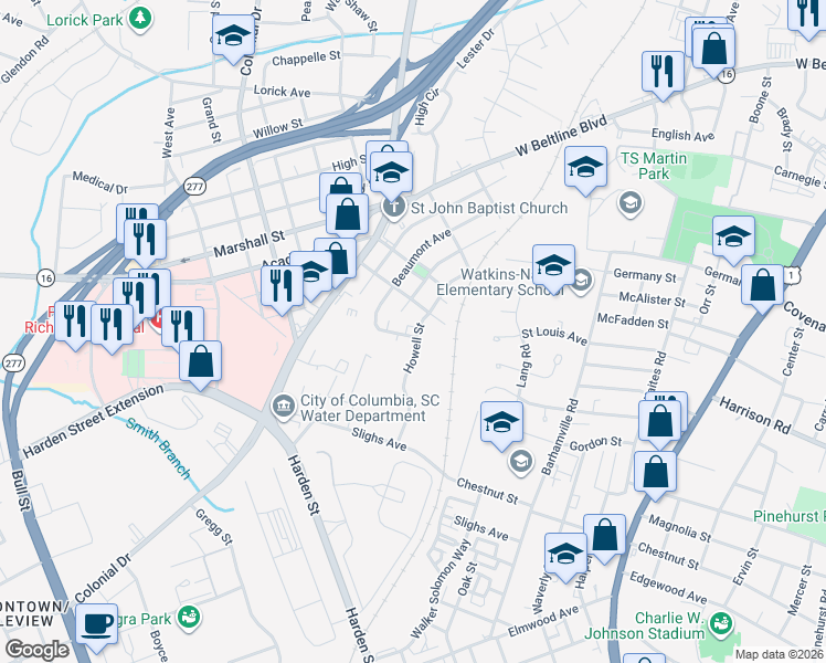 map of restaurants, bars, coffee shops, grocery stores, and more near 3033 Howell Court in Columbia