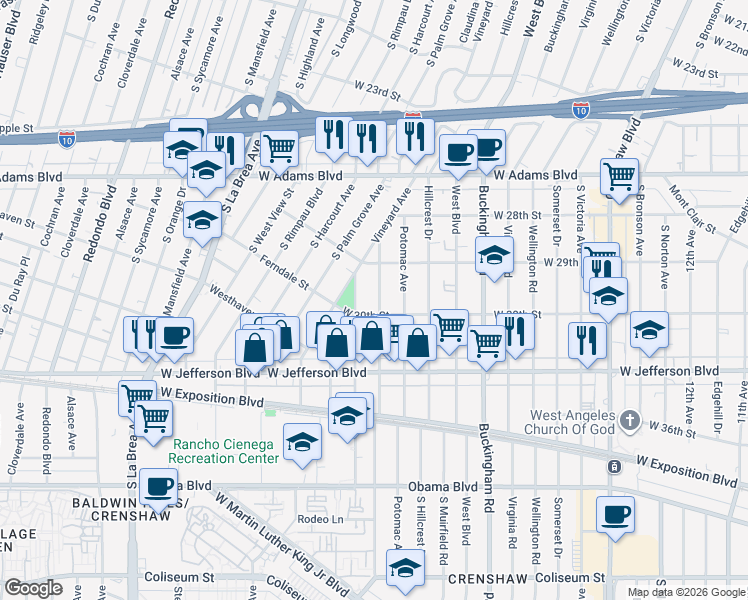 map of restaurants, bars, coffee shops, grocery stores, and more near 2943 Chesapeake Avenue in Los Angeles