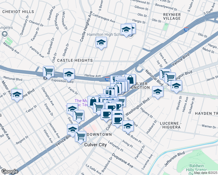 map of restaurants, bars, coffee shops, grocery stores, and more near 3734 South Canfield Avenue in Los Angeles