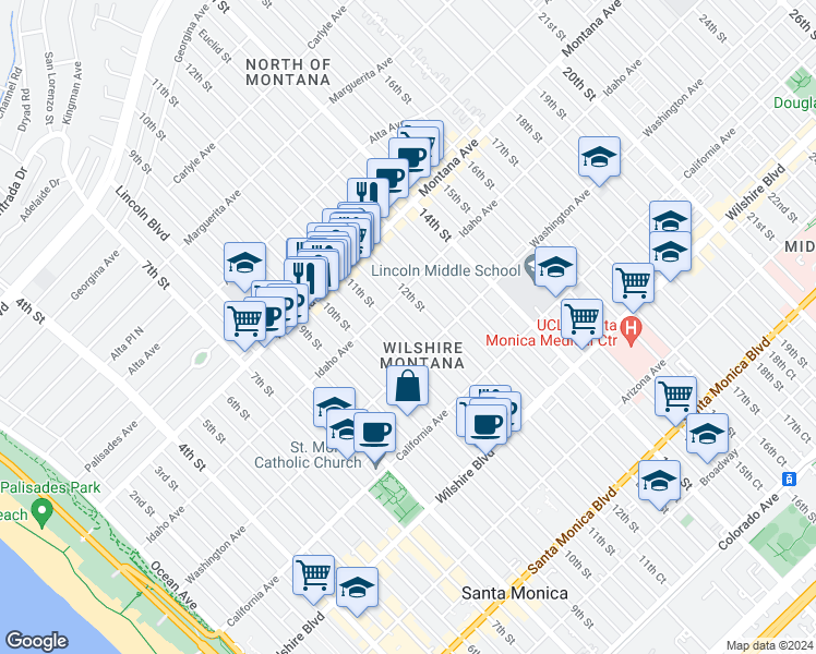 map of restaurants, bars, coffee shops, grocery stores, and more near 933 11th Street in Santa Monica