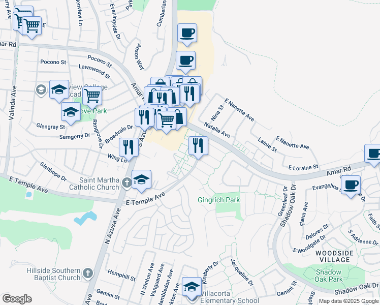 map of restaurants, bars, coffee shops, grocery stores, and more near 2547 Temple Avenue in West Covina