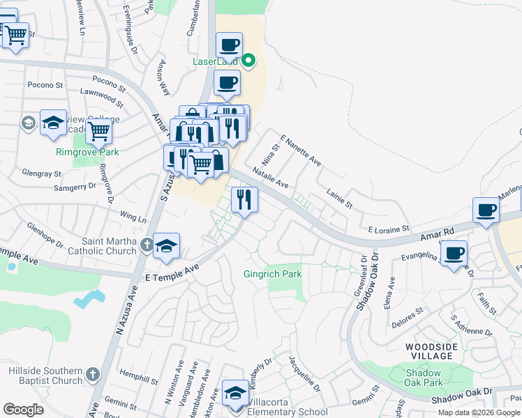 map of restaurants, bars, coffee shops, grocery stores, and more near 1733 Fairridge Circle in West Covina